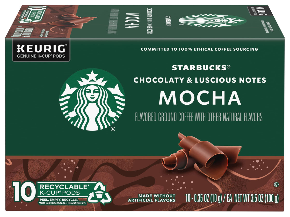 Starbucks K-Cup Mocha pod close-up highlighting rich chocolate notes.