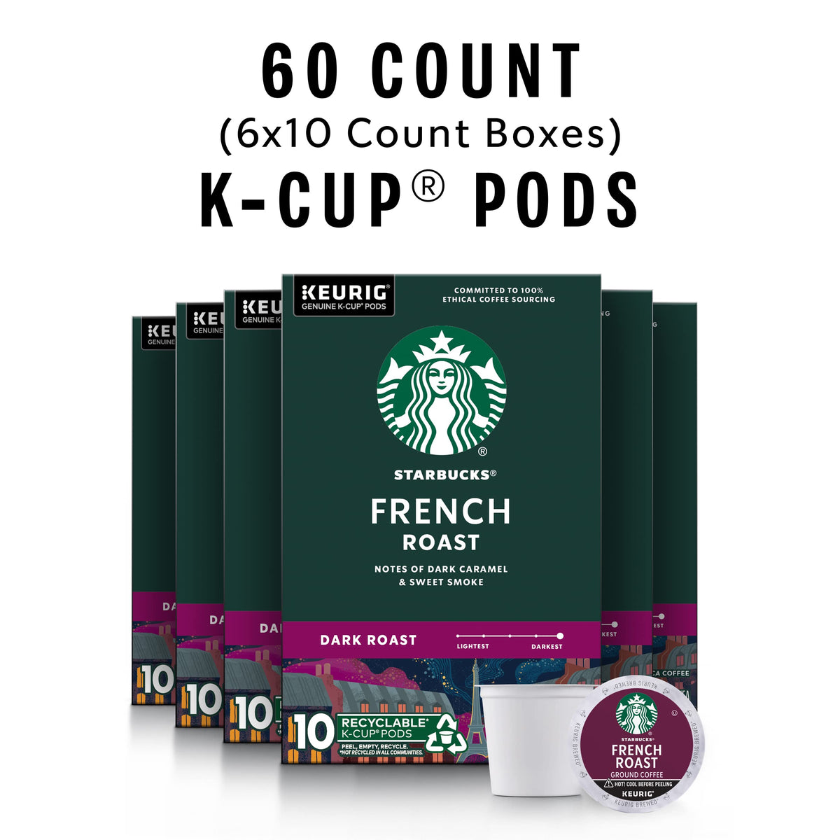 Starbucks K-Cup French Roast label close-up showing smoky notes