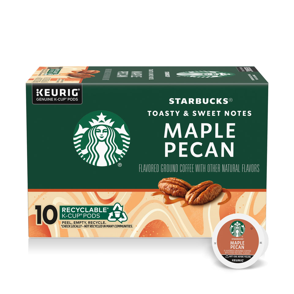 Starbucks Maple Pecan flavored coffee pod packaging shows convenient single-serve design.