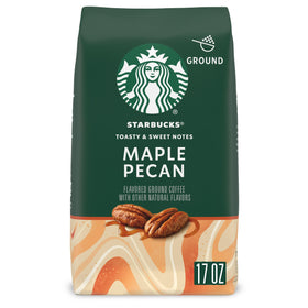 Starbucks Maple Pecan ground coffee bag front shows the cozy flavor profile for home brewing.