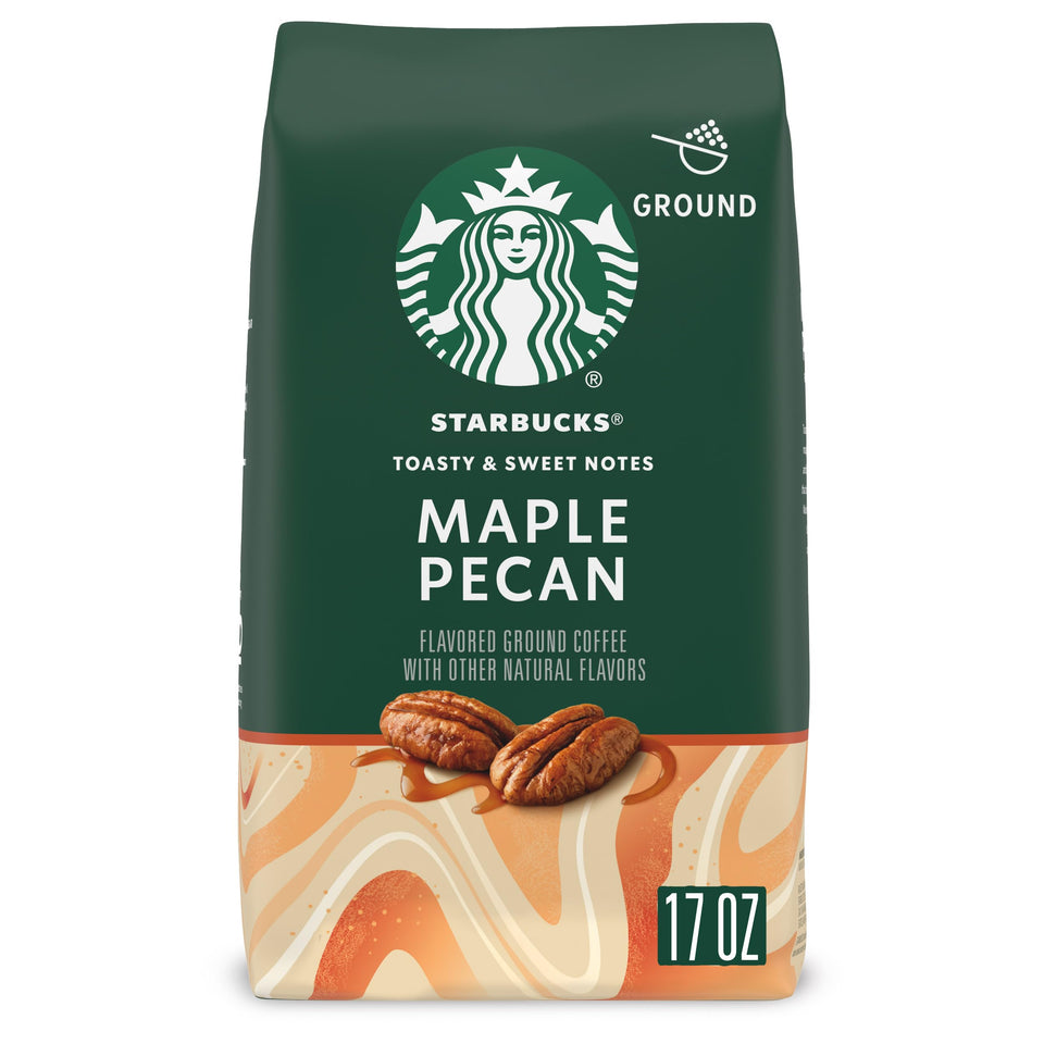 Starbucks Maple Pecan ground coffee bag front shows the cozy flavor profile for home brewing.