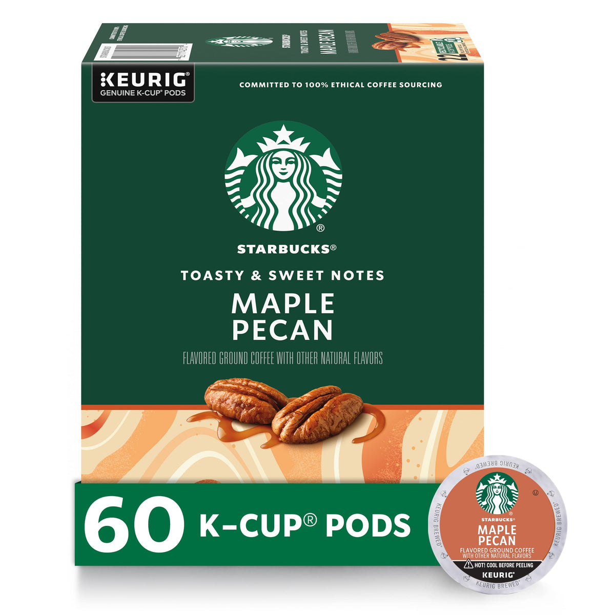 Starbucks Maple Pecan pods closeup highlights premium aroma and convenience.