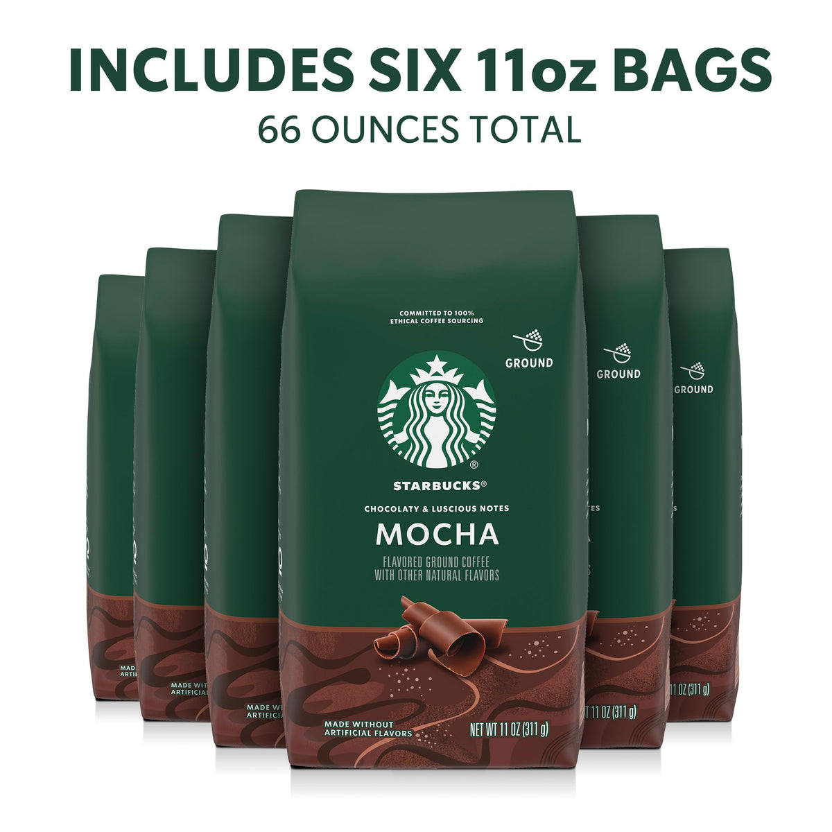 Starbucks Mocha flavored coffee label closeup highlighting aroma and approachable daily treat.