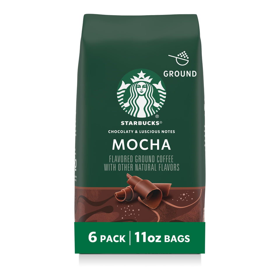 Starbucks Mocha ground coffee six-bags for home brewing and everyday indulgence.