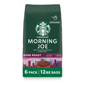 Starbucks Morning Joe dark roast ground coffee six-bag pack for versatile home brewing.