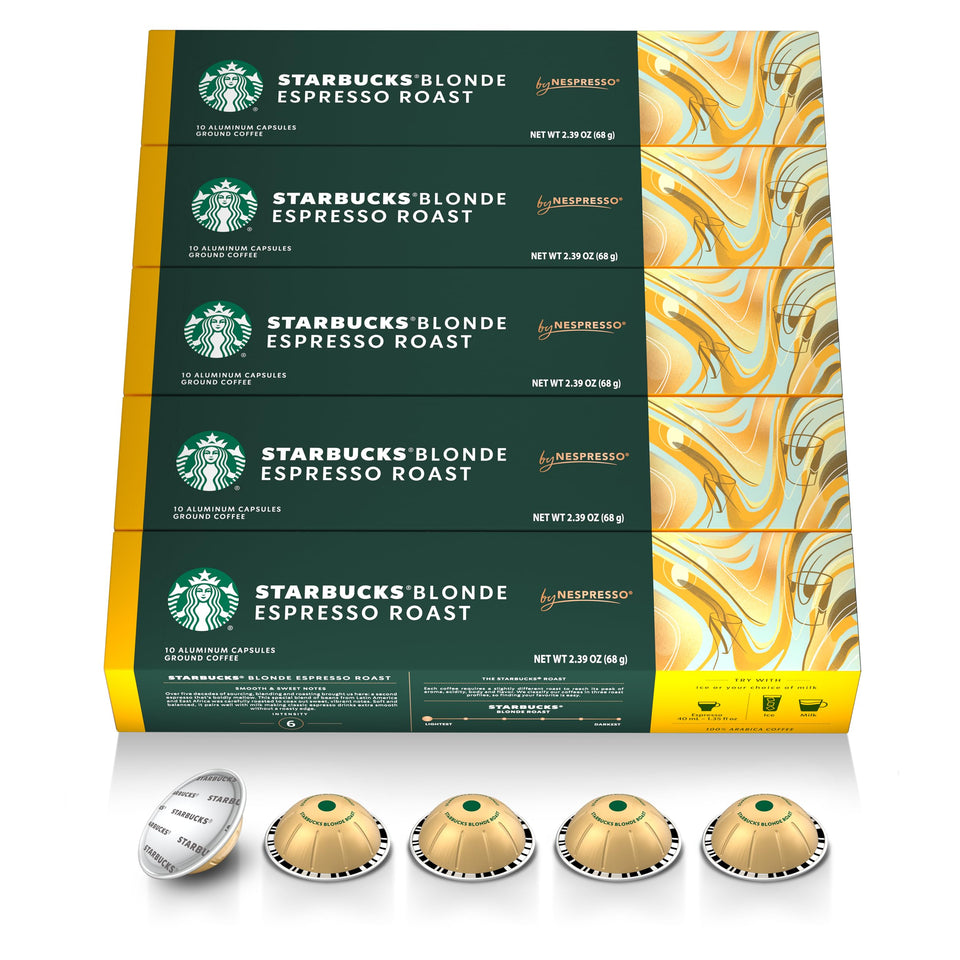 Starbucks by Nespresso Blonde Espresso capsules close-up highlighting smooth, sweet notes for morning espresso