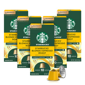 Starbucks Nespresso Blonde Roast pods box: smooth balance for milk-based drinks.