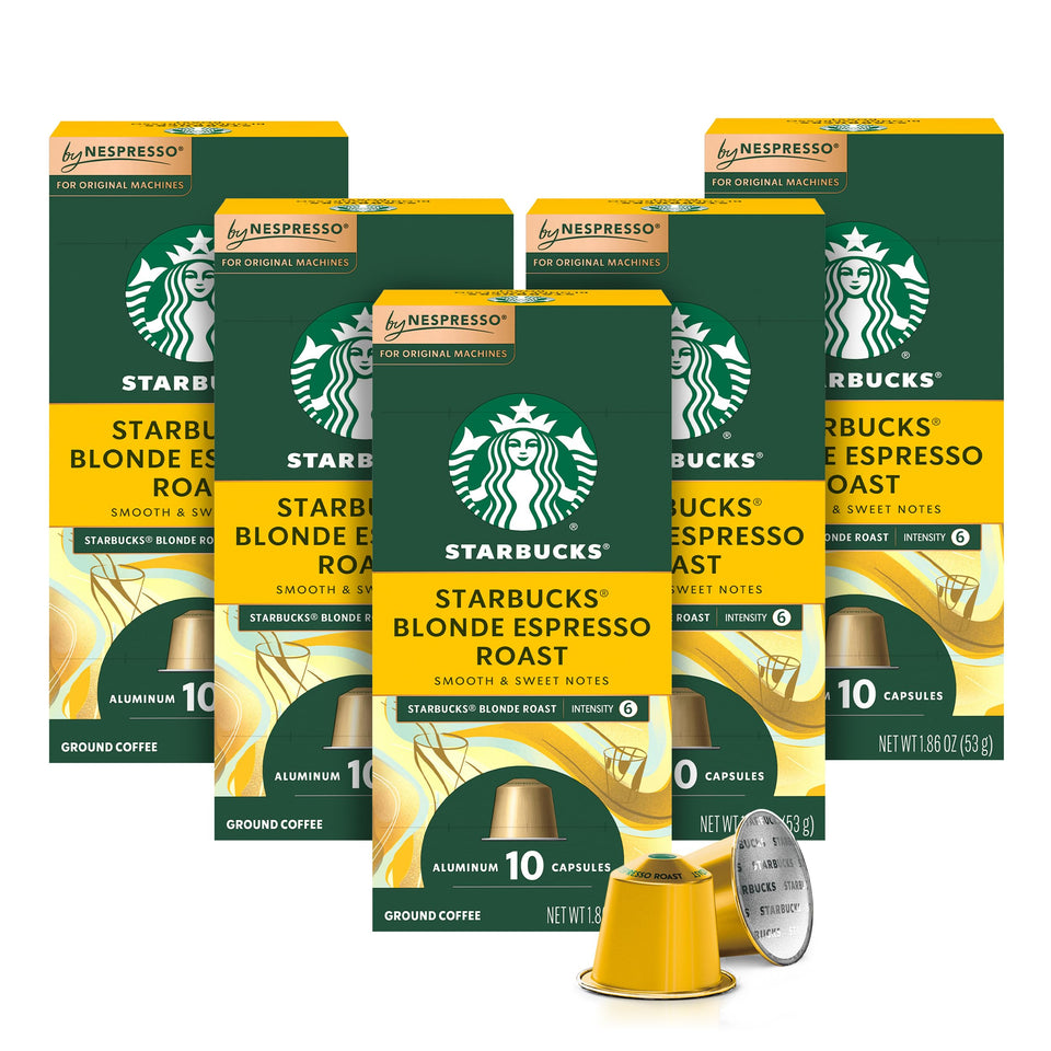 Starbucks Nespresso Blonde Roast pods box: smooth balance for milk-based drinks.
