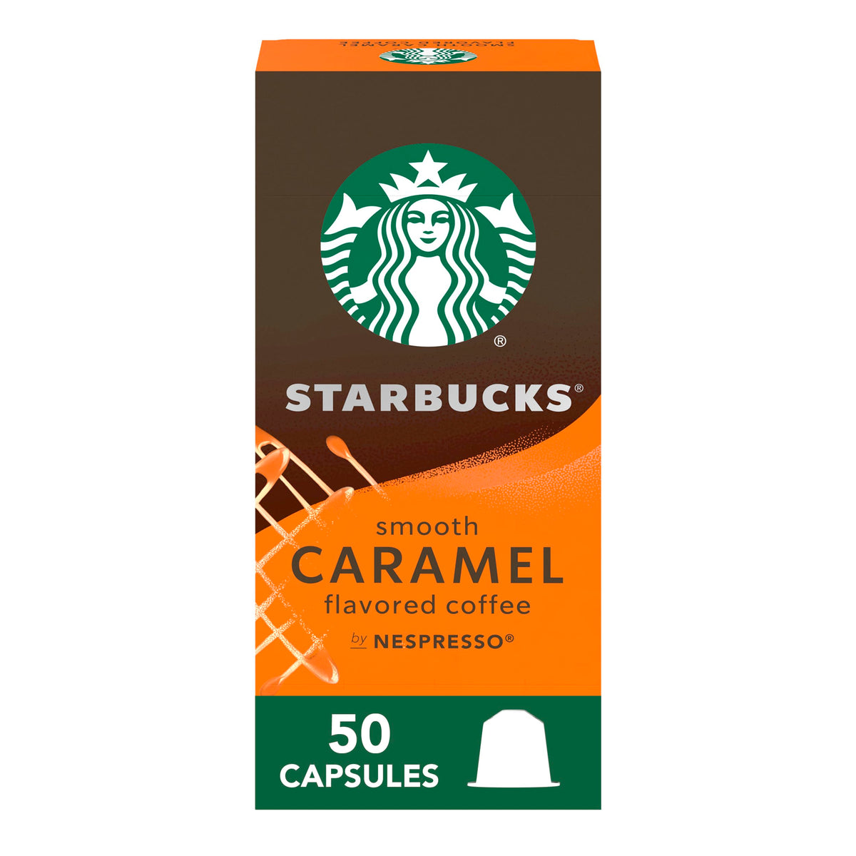 Starbucks by Nespresso caramel capsule close-up, highlighting recyclable aluminum pod