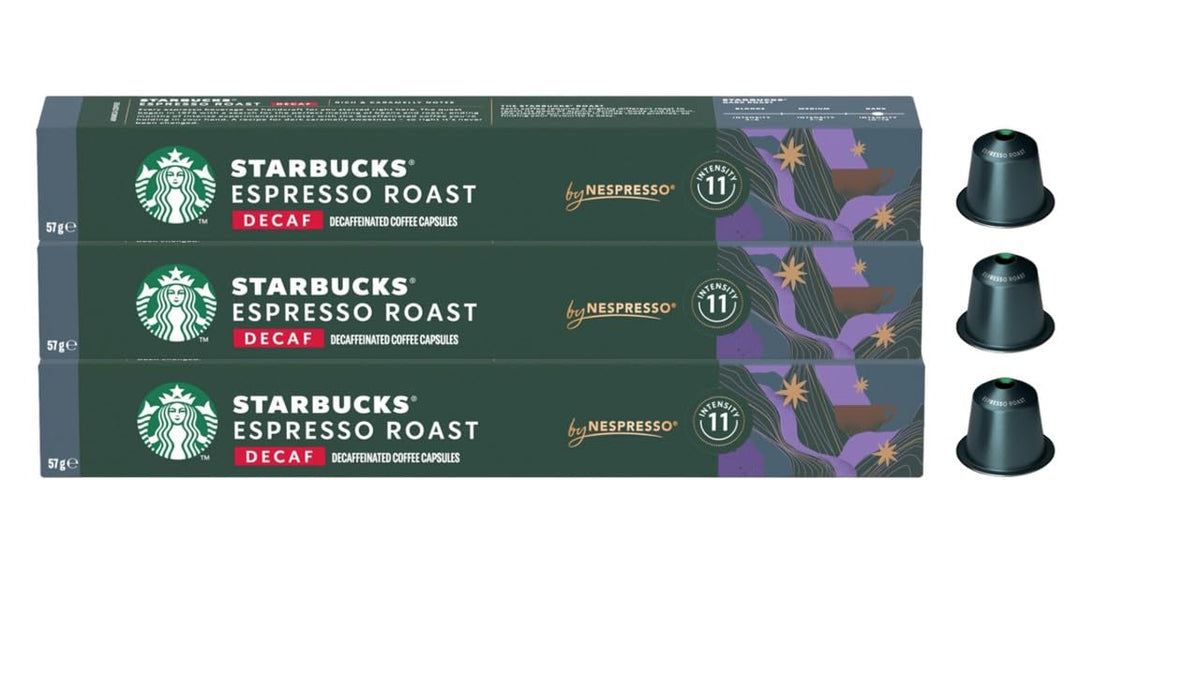 Starbucks by Nespresso decaf espresso capsules box for café-style mornings.