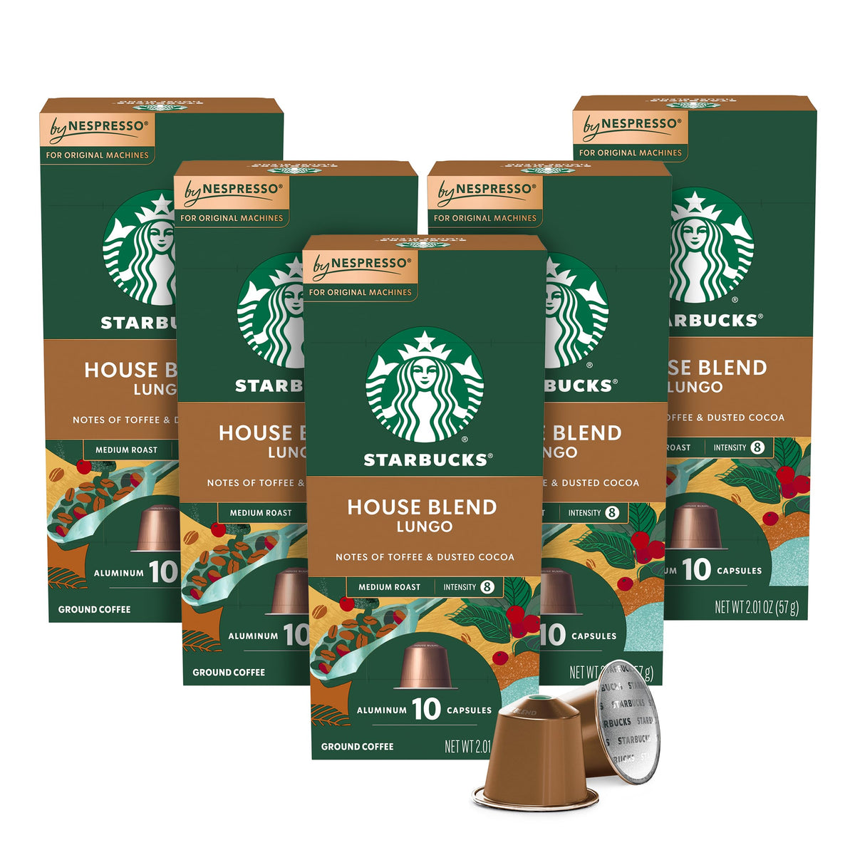 Starbucks by Nespresso House Blend box packaging highlights premium aluminum capsules for at-home enjoyment.