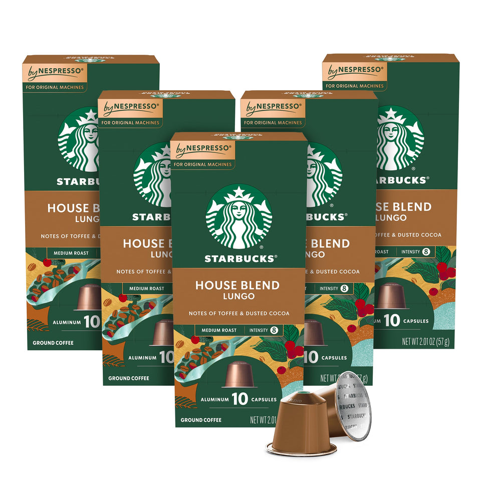 Starbucks by Nespresso House Blend box packaging highlights premium aluminum capsules for at-home enjoyment.