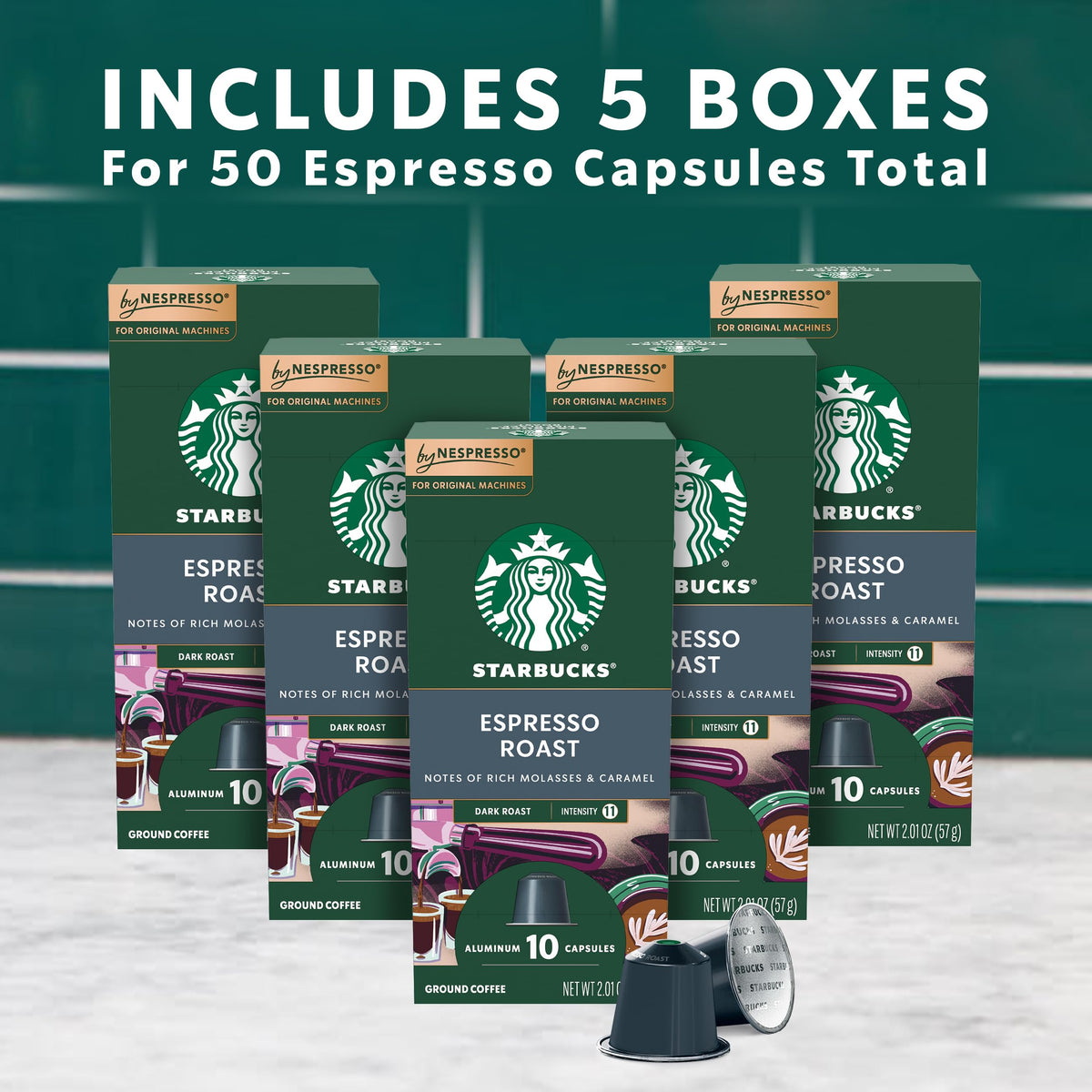 Starbucks Nespresso dark roast pods close-up with glossy aluminum capsules