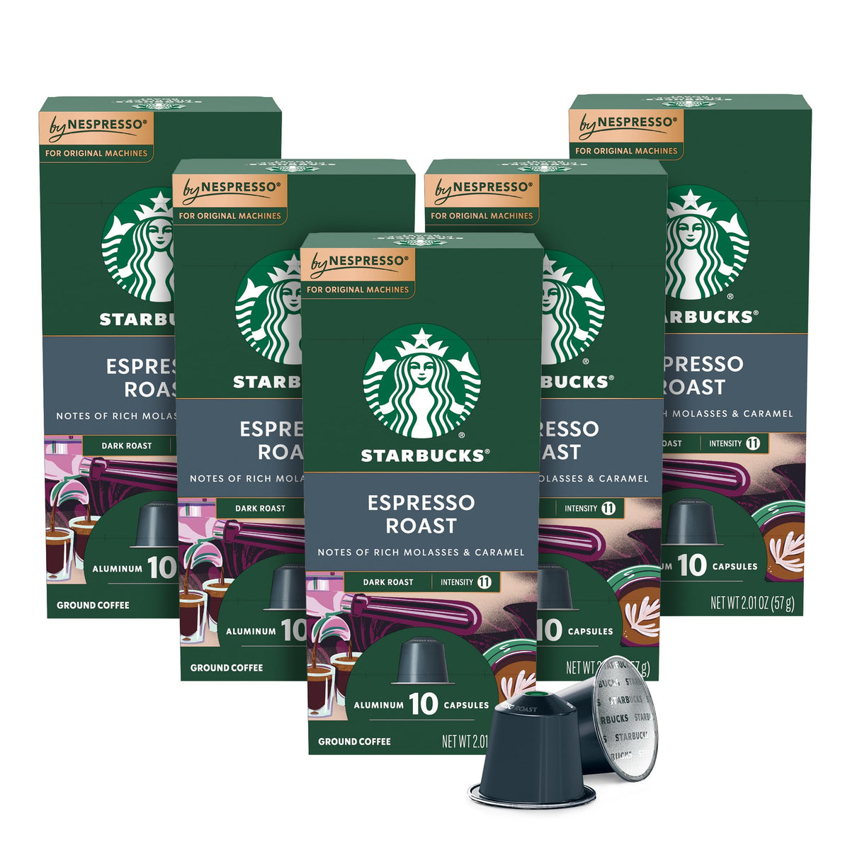 Starbucks Nespresso dark roast pods packaging highlighting sustainability and bold aroma
