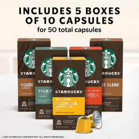 Starbucks Blonde Roast capsules in a box for quick morning espresso.