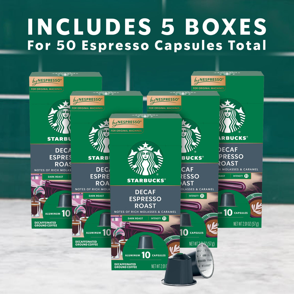 Starbucks Nespresso decaf espresso pods boxed set for quick at-home espresso.