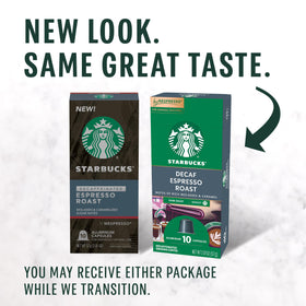 Starbucks Nespresso decaf pods close-up highlighting dark roast aroma and caramelly sweetness.