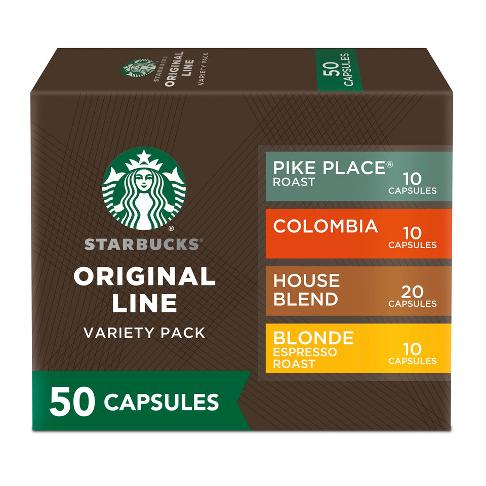 Starbucks by Nespresso mild variety pack capsules, compatible with Original Line machines.