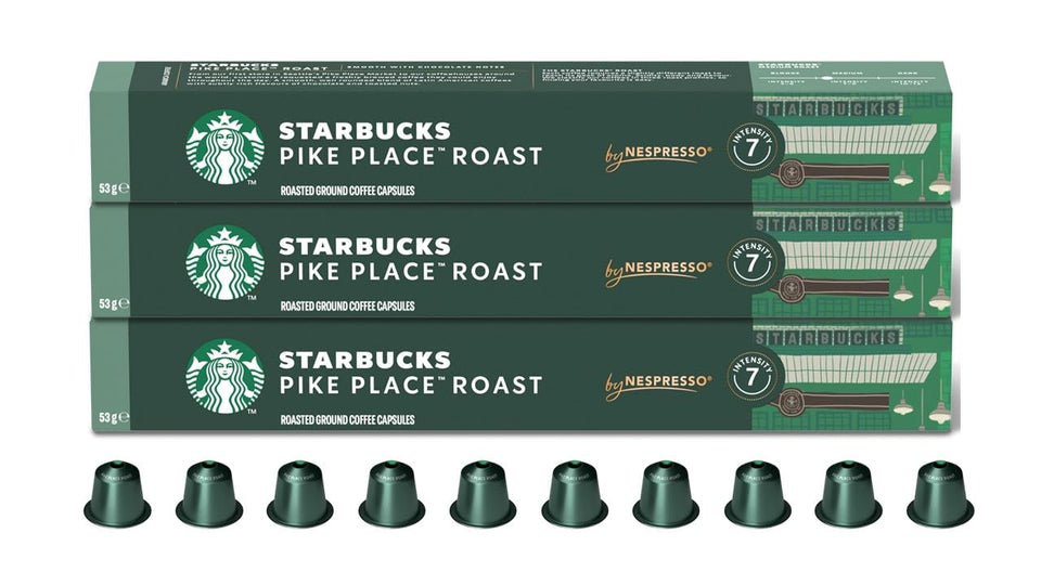 Starbucks by Nespresso Pike Place capsules displayed in a 30-count box for daily use