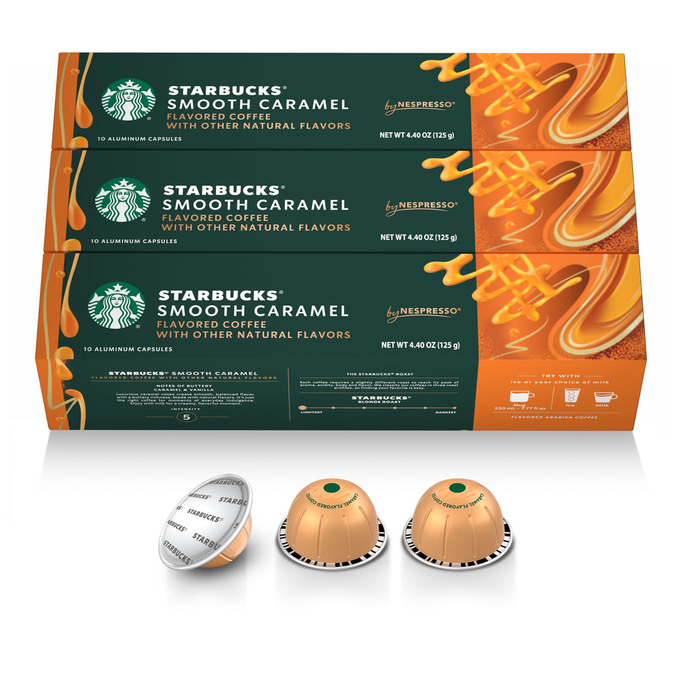 Starbucks by Nespresso Vertuo caramel capsules box for at-home indulgence and convenience.