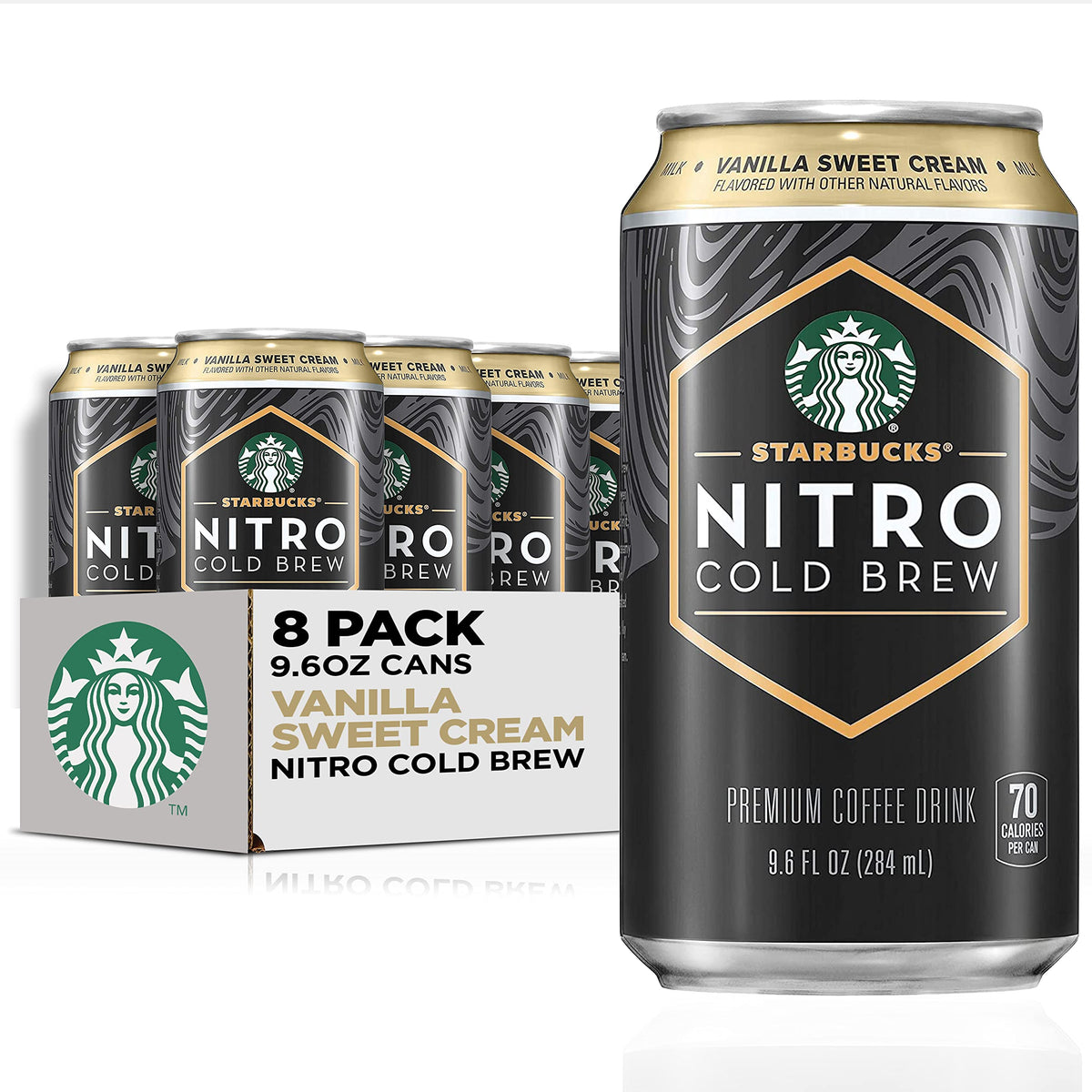 Starbucks Nitro Cold Brew Vanilla Sweet Cream can, ready for an on-the-go smooth caffeine boost.