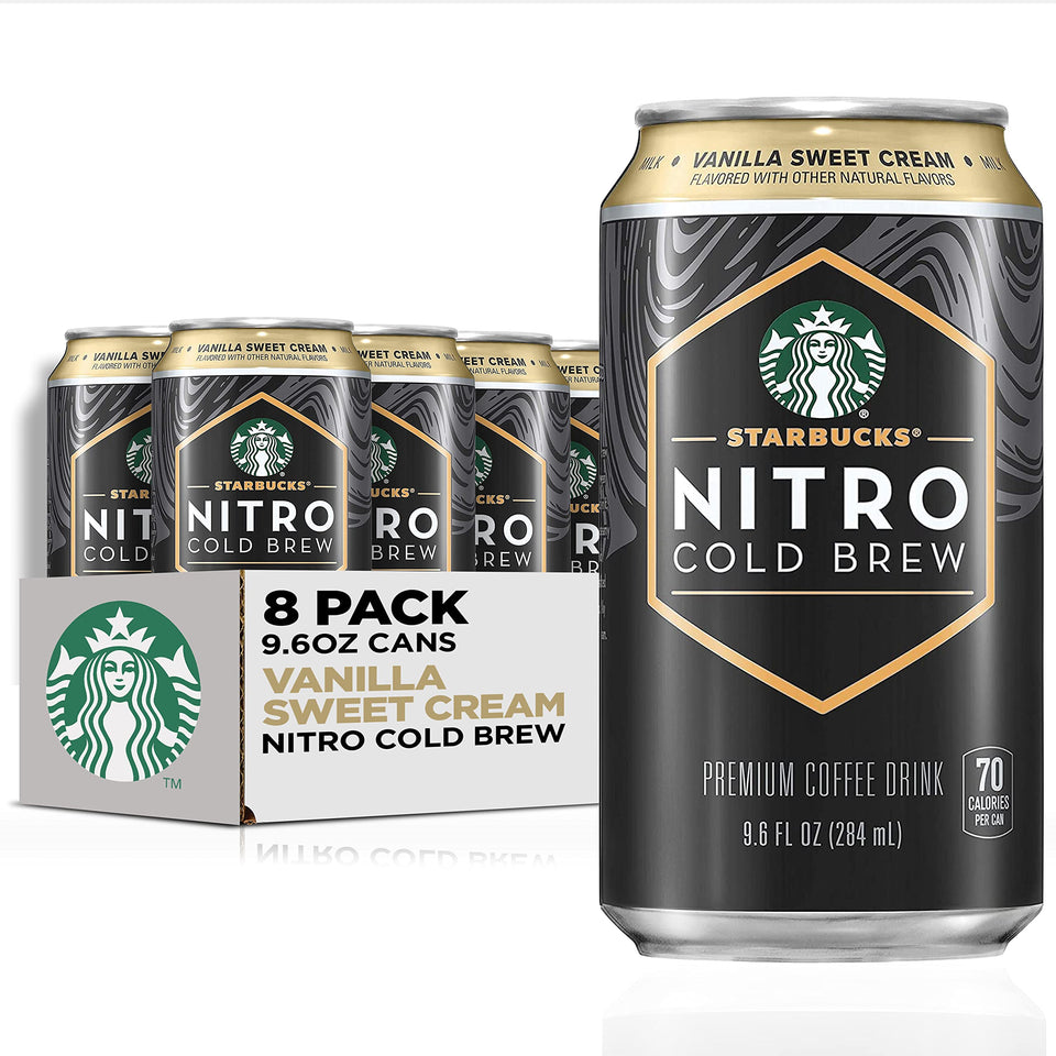 Starbucks Nitro Cold Brew Vanilla Sweet Cream can, ready for an on-the-go smooth caffeine boost.