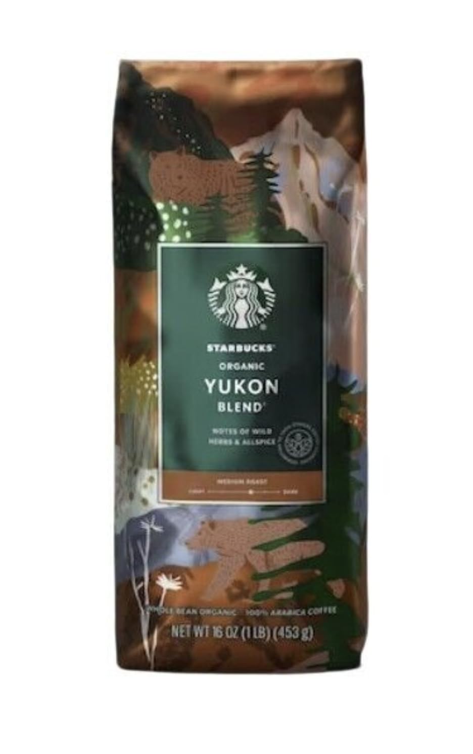 Starbucks Organic Yukon Blend coffee beans show earthy tones, ideal for drip or pour-over