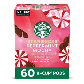 Starbucks Peppermint Mocha K-Cup pod box showcases festive flavor and convenient single-serve brewing.