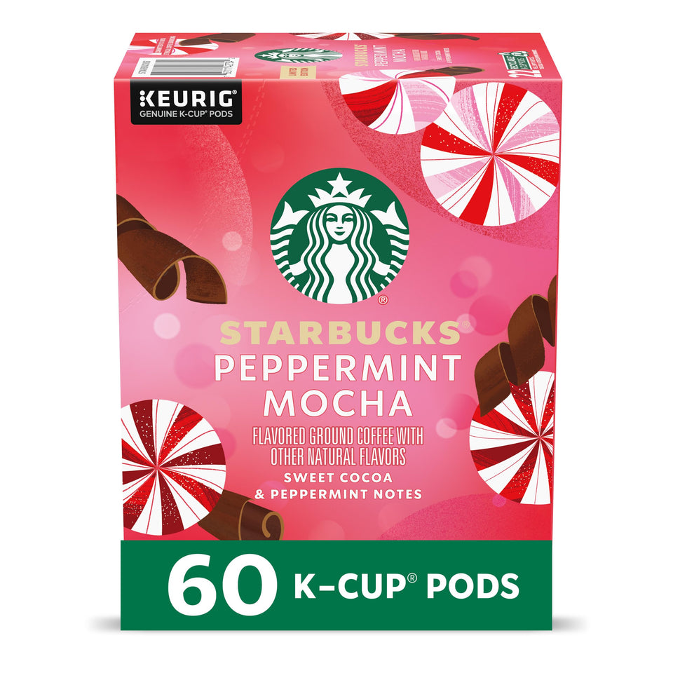 Starbucks Peppermint Mocha K-Cup pod box showcases festive flavor and convenient single-serve brewing.