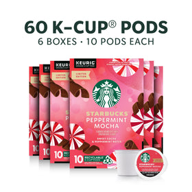 Starbucks Peppermint Mocha K-Cup pod closeup reveals naturally flavored mocha and peppermint notes.