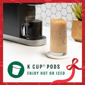 Starbucks Peppermint Mocha K-Cup pod in cup conveys holiday warmth and approachable caffeine.
