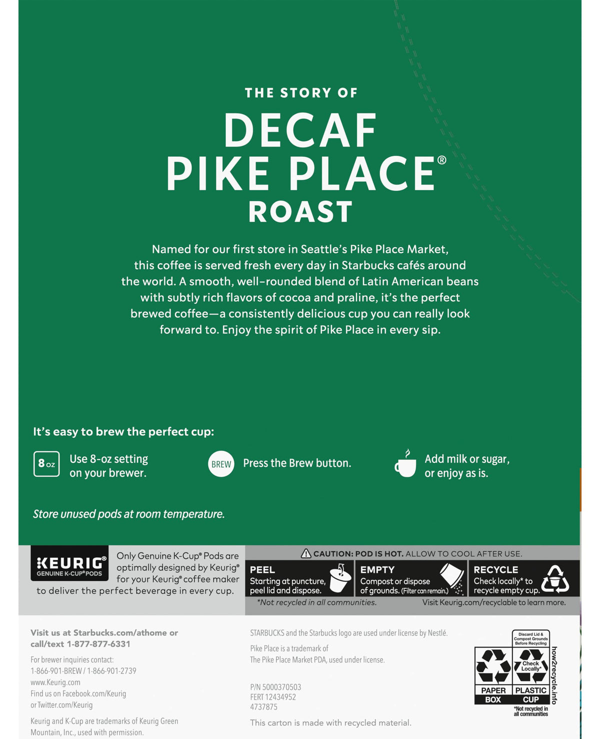 Starbucks Pike Place Decaf box front, highlighting 24-count box for easy stocking.
