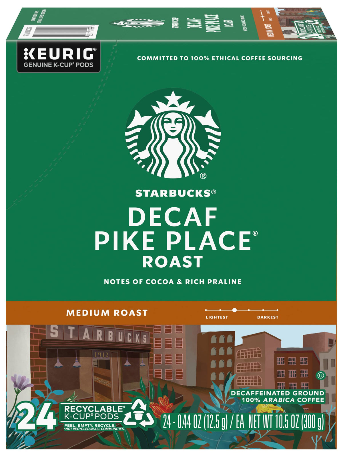 Starbucks Pike Place Decaf K-Cup front view, ready for quick single-serve brews