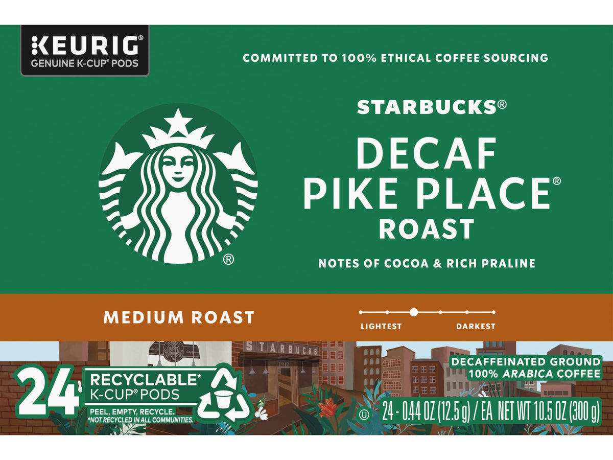 Starbucks Pike Place Decaf K-Cup roast profile shown, balanced aroma for daily use