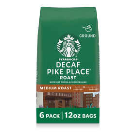 Starbucks Pike Place Decaf packaging shows a six-pack for home brewing.