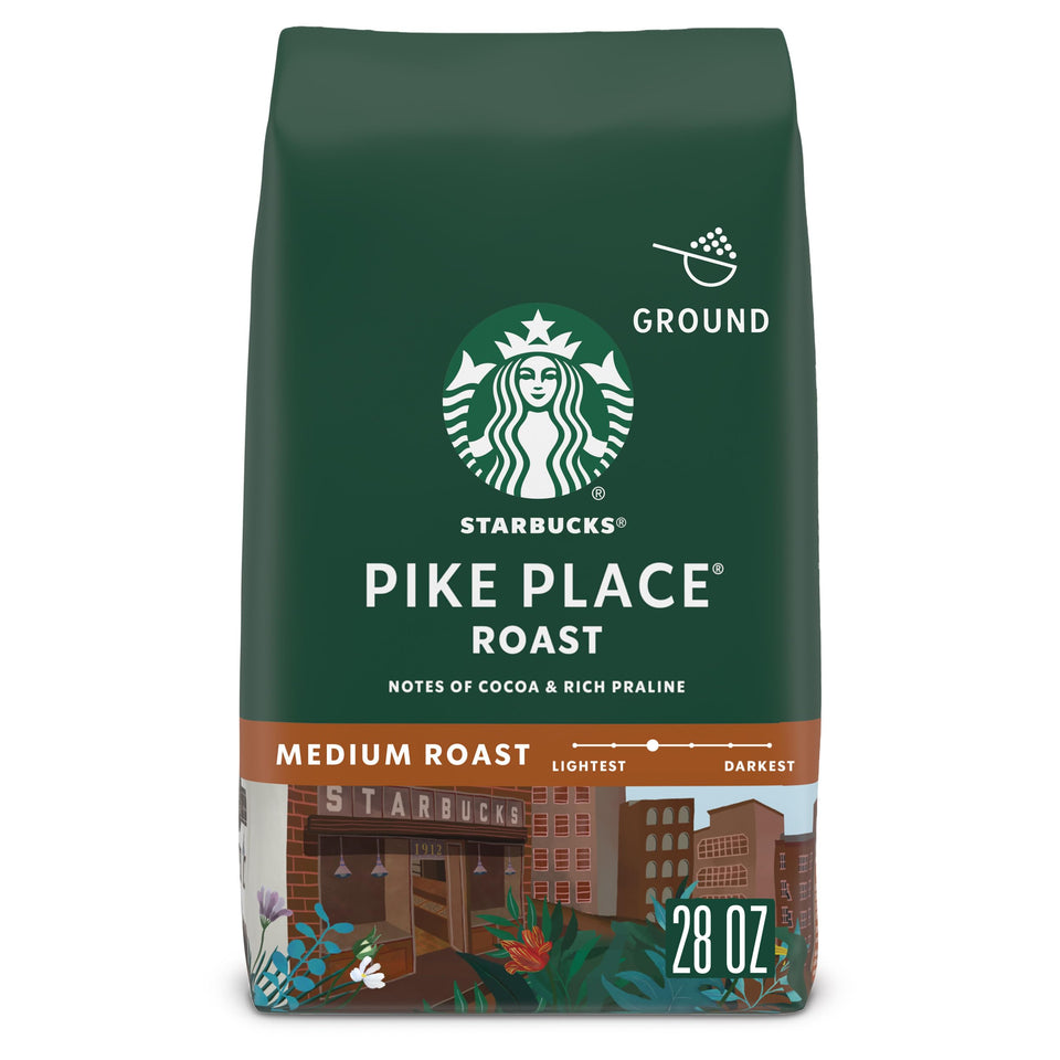 Starbucks Pike Place Roast 28oz bag on counter for daily brewing.