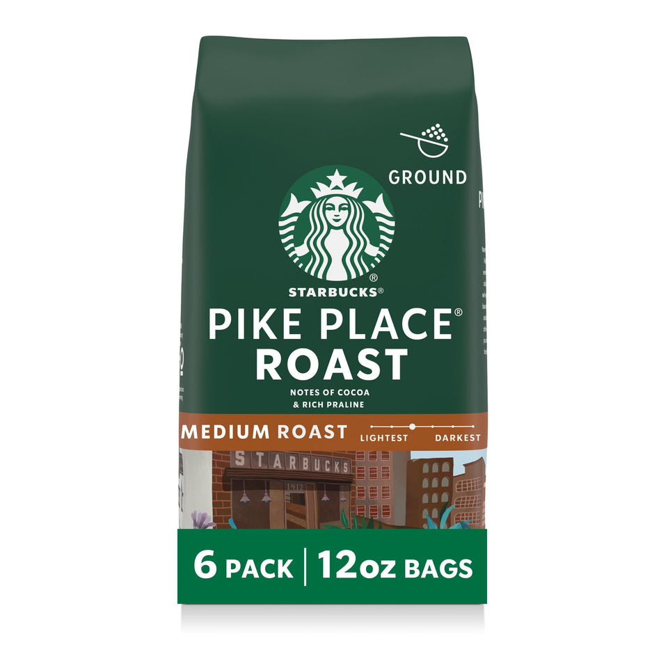 Starbucks Pike Place Roast ground coffee packaging ideal for home brewing