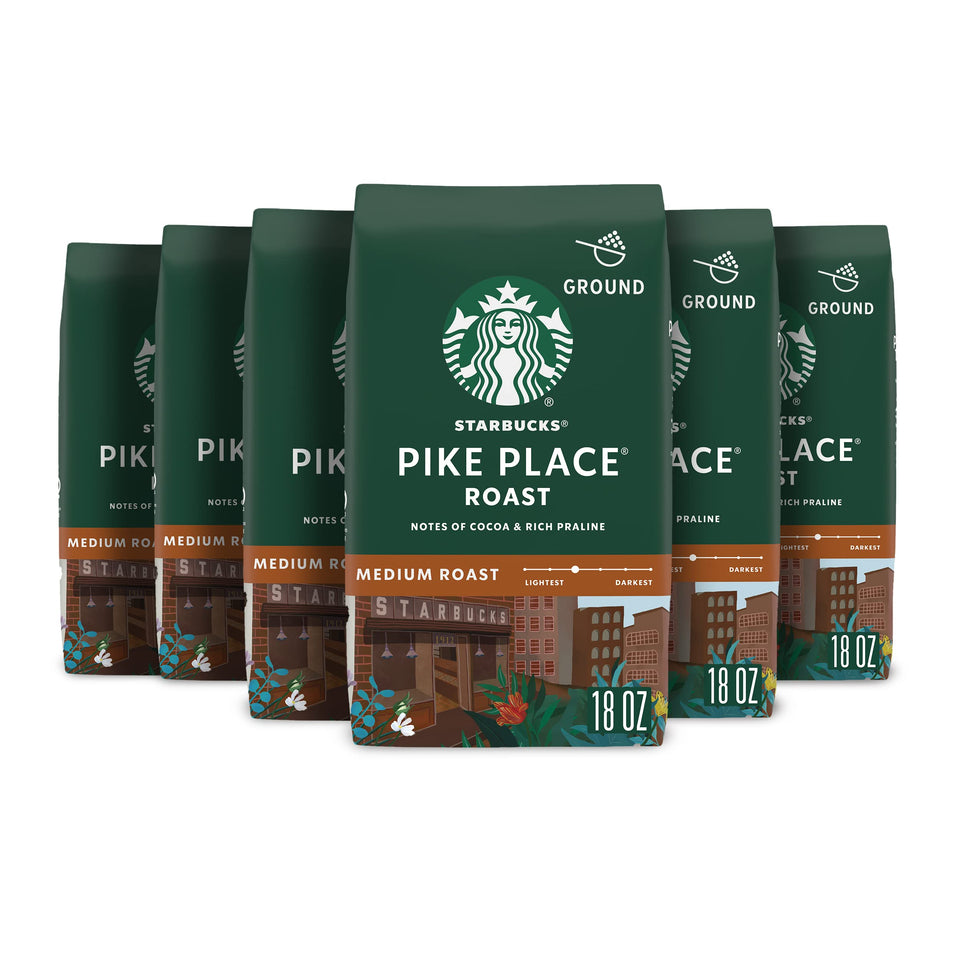 Starbucks Pike Place Roast ground coffee six 18-ounce bags ready for home brewing