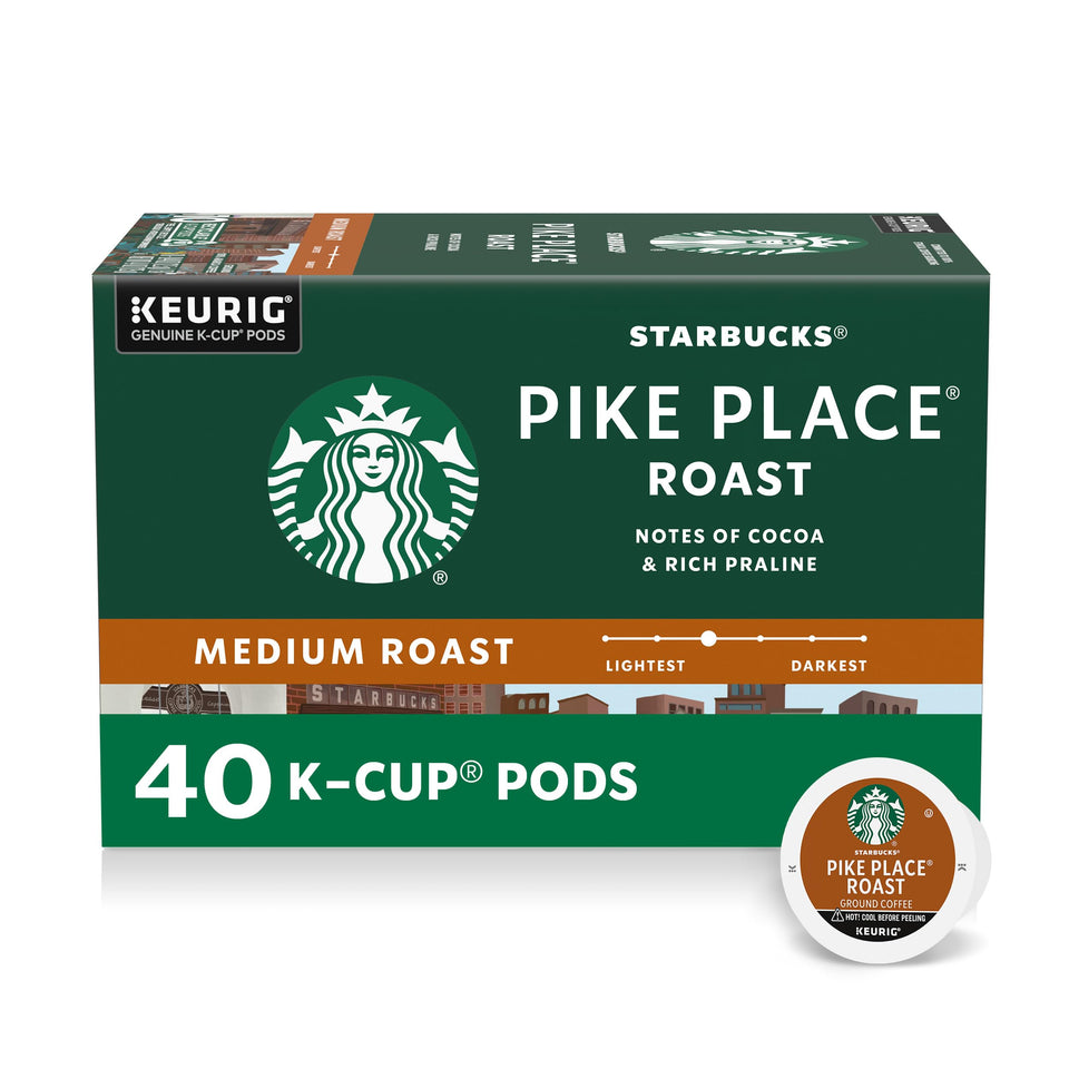 Starbucks Pike Place Roast K-Cup box for Keurig brewers delivers balanced flavor.