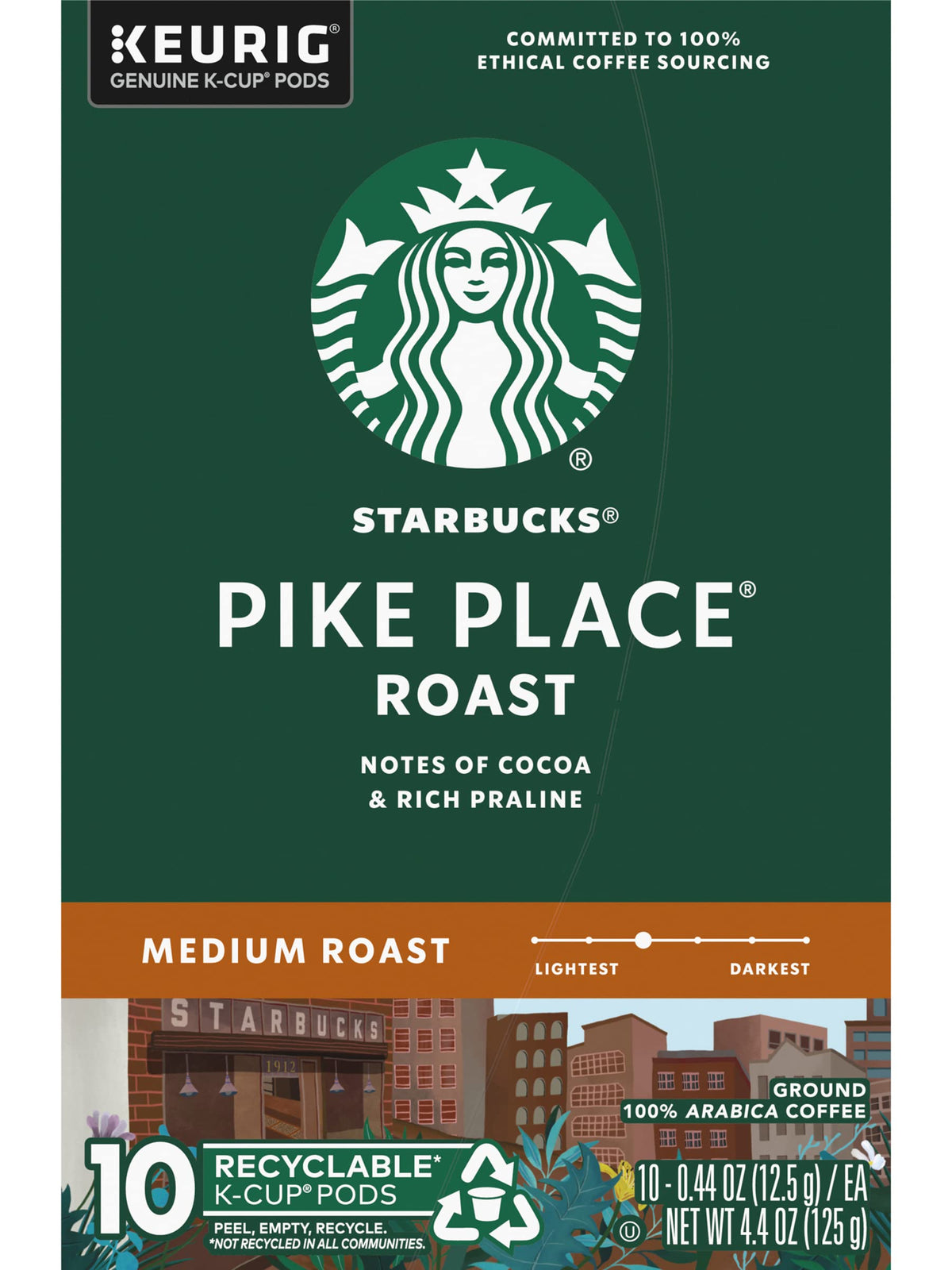 Starbucks Pike Place Roast K-Cups label detail highlights value in packs.