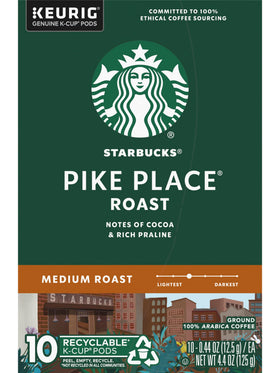 Starbucks Pike Place Roast K-Cups label detail highlights value in packs.