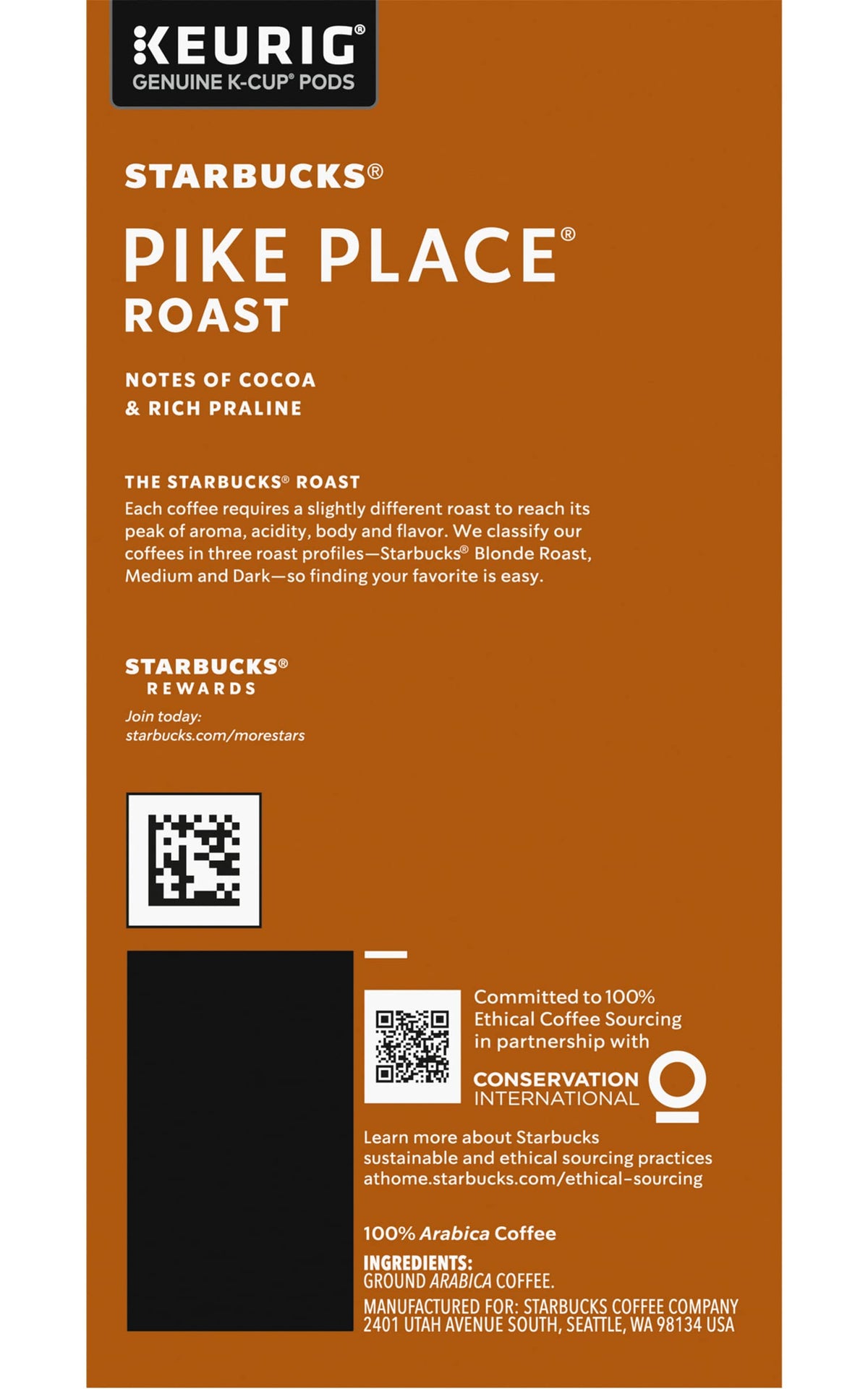 Starbucks Pike Place Roast K-Cup nutty finish complements cream and pastries.