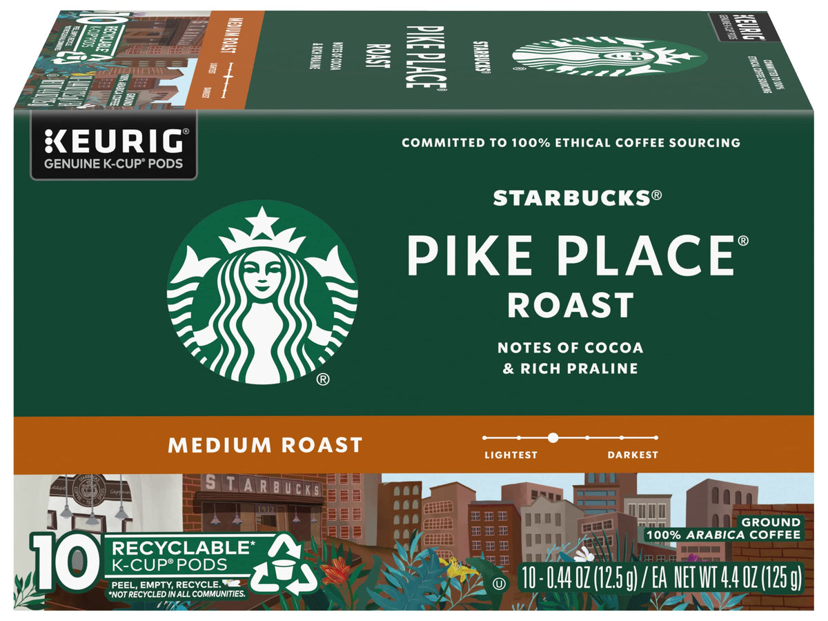 Starbucks Pike Place Roast K-Cups packaging close-up shows compact, store-friendly design.