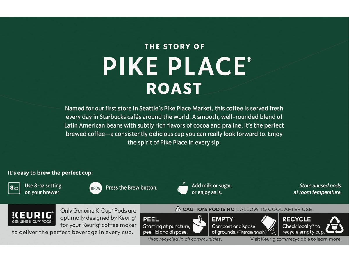Starbucks Pike Place Roast K-Cups packaging illustration emphasizes grab-and-go convenience.