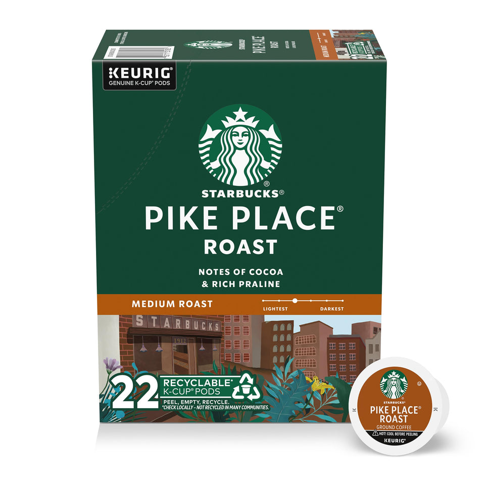 Starbucks Pike Place Roast K-Cup pod focused on aroma for a smooth morning brew.
