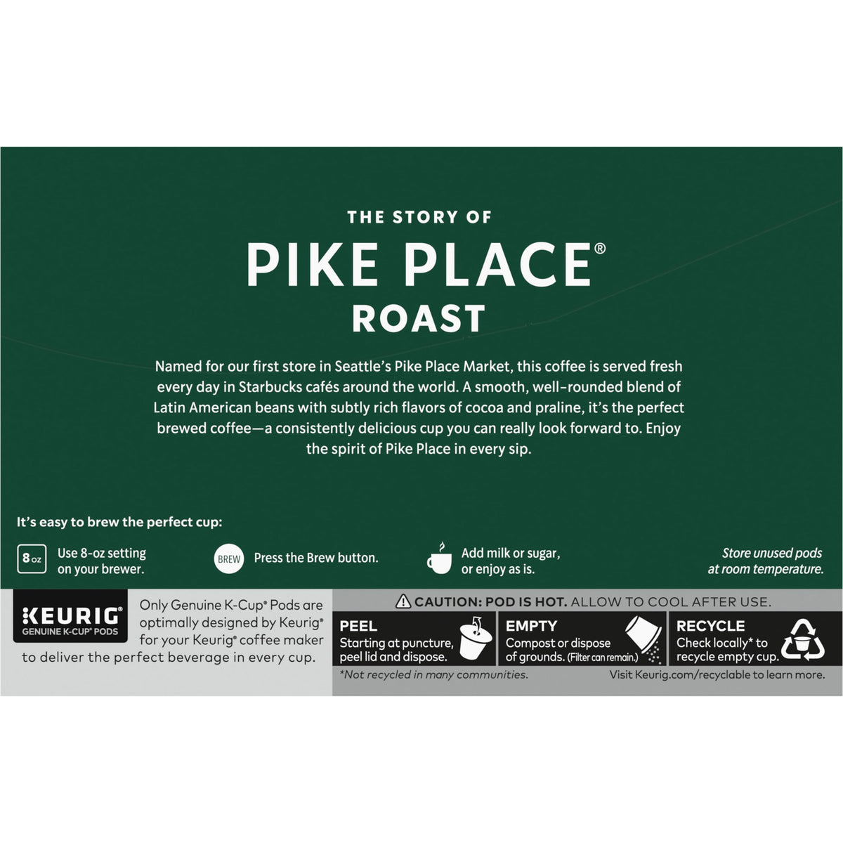 Steaming mug of Pike Place Roast beside the bag
