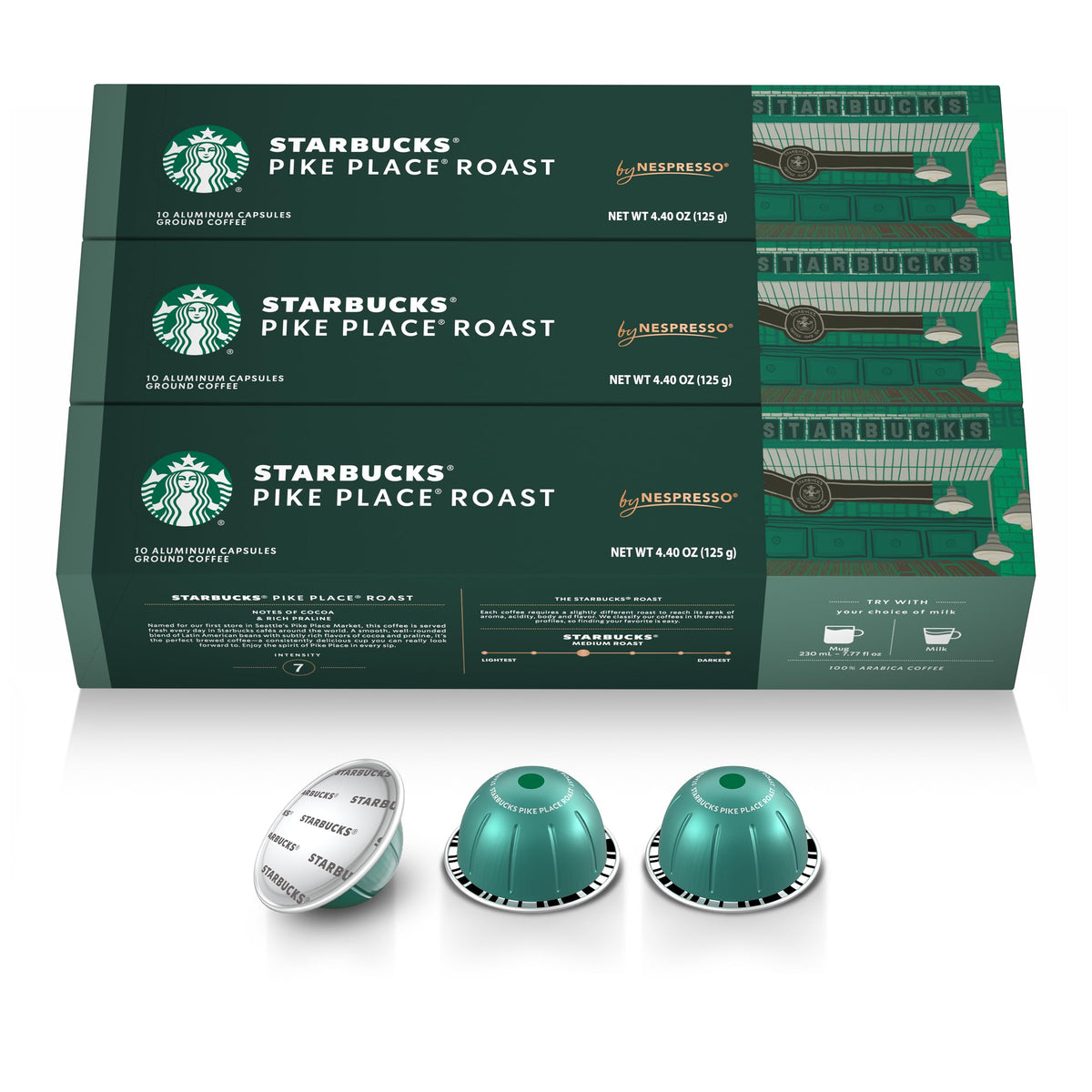 Starbucks Pike Place Vertuo packaging showing the 30-pack for convenient home brewing