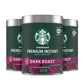 Starbucks Premium Instant Coffee dark roast tins front showing packaging for quick home brewing