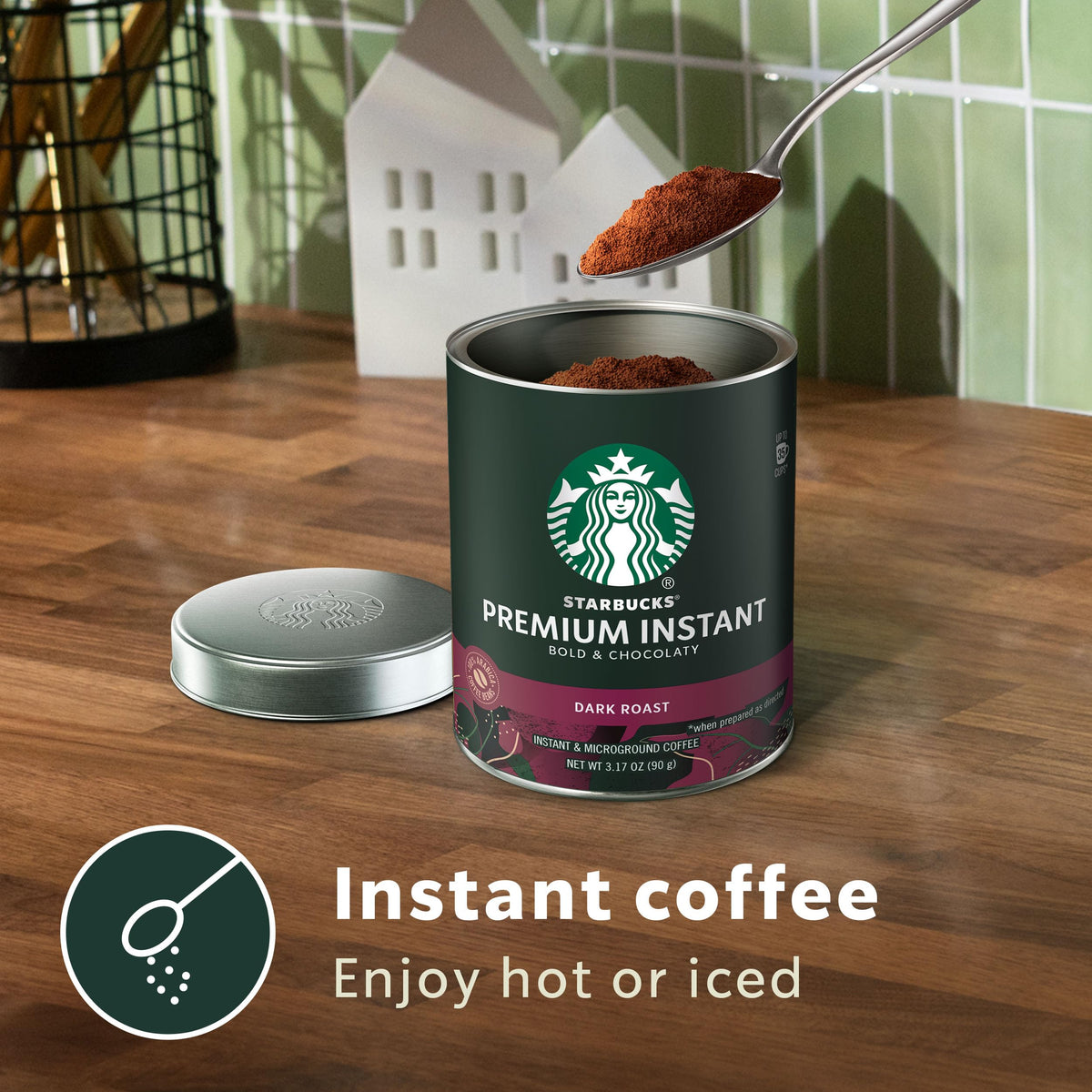 Starbucks Premium Instant Coffee dark roast tins label closeup highlighting aroma