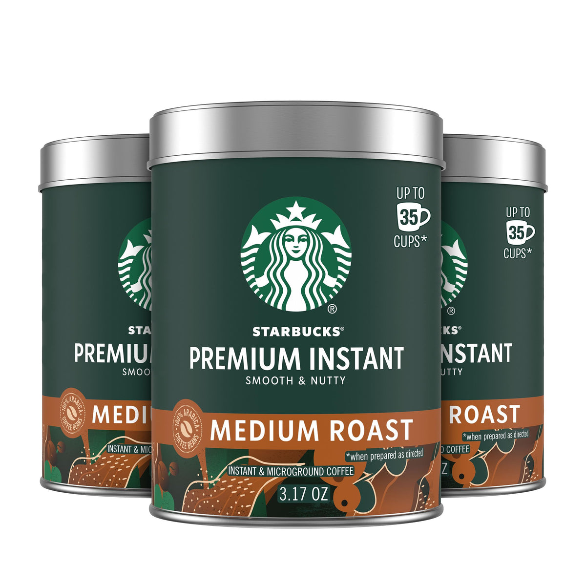 Starbucks Premium Instant Coffee tins front view, convenient three-tin bundle for quick cups.